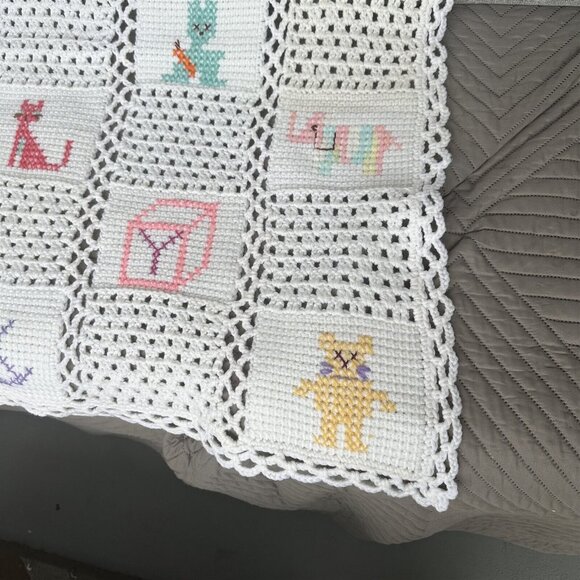 Handmade Crochet Baby Afghan Patchwork Granny Square Cross Stitch Detail - Picture 2 of 7